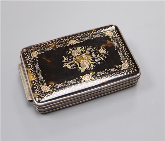 A 19th century French white metal and inlaid tortoiseshell box with hinged cover, 10.2cm.